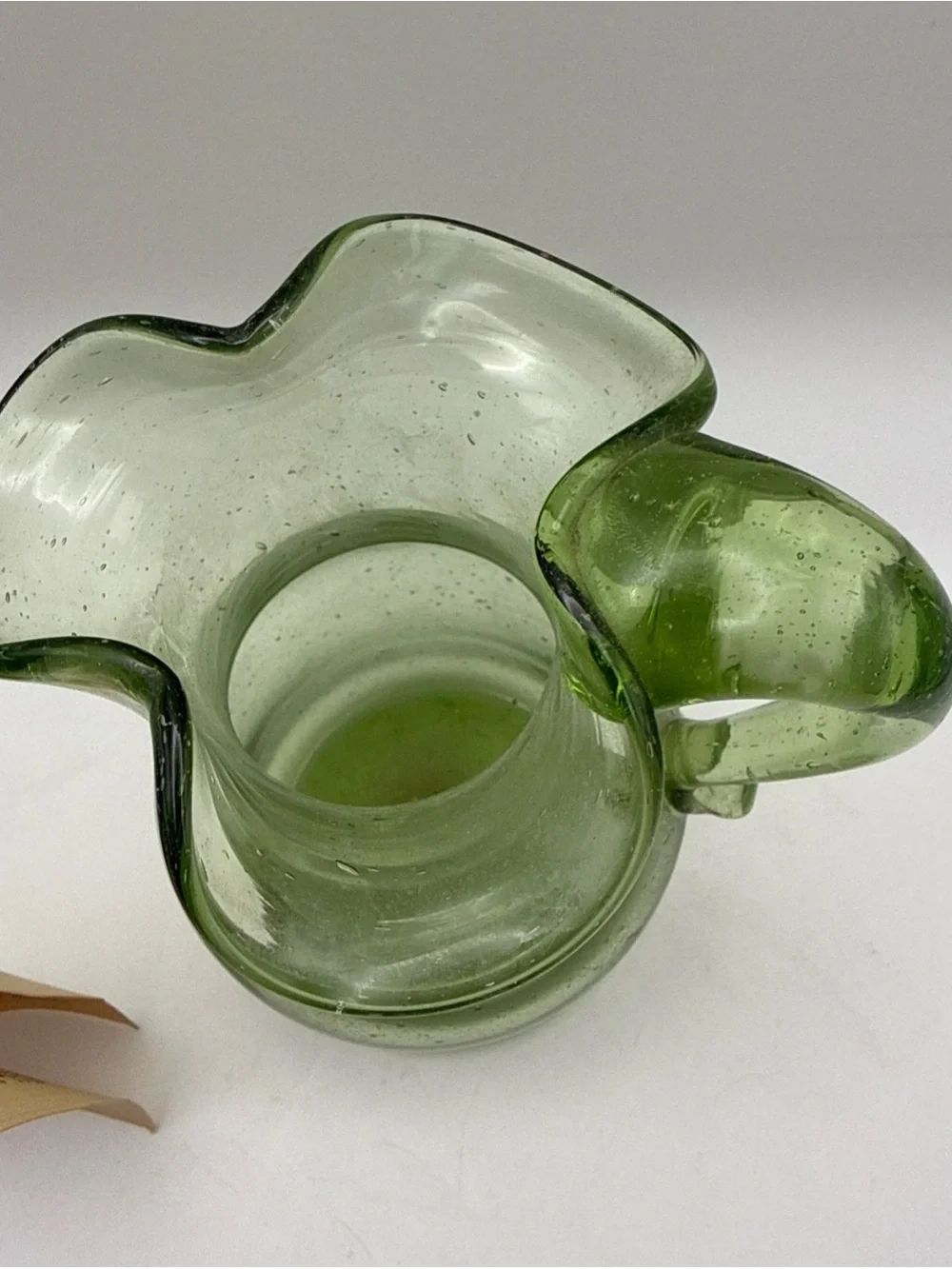 Vintage Hand Blown Green Bubble Glass Pitcher Vase Jamestown Virginia Glasshouse